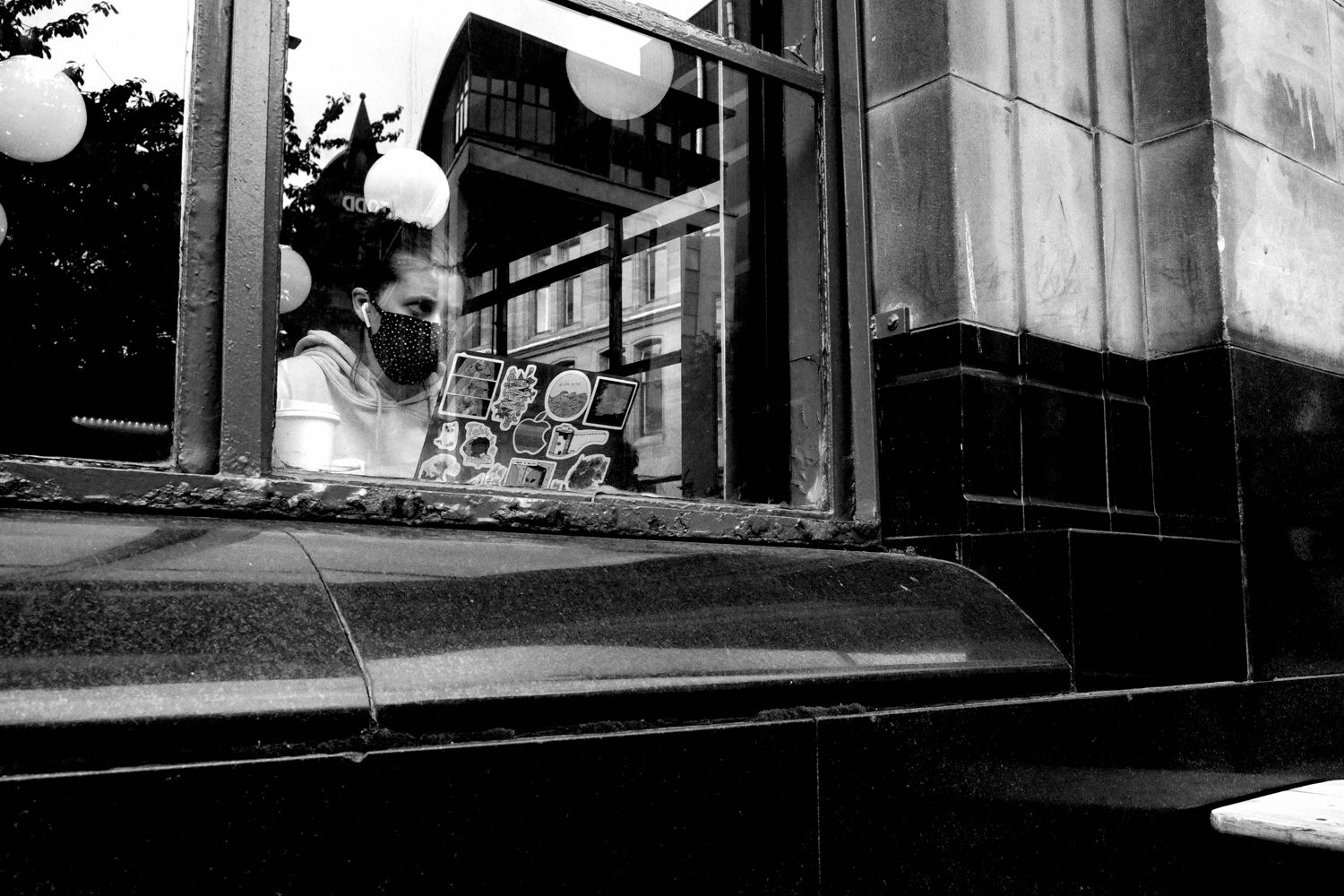 Coffee shop working with reflections